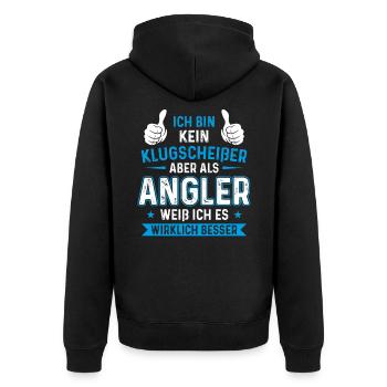 Kein Klugscheißer Angler weiß - Unisex Premium Bio Zip Hoodie - Schwarz - Hinten - Nico (187cm)