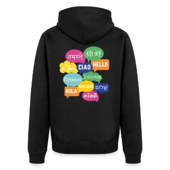 Colorful "Hello" speech bubble design, many languages - Unisex Premium Organic Zip Hoodie - black - Back - Nico (187cm)