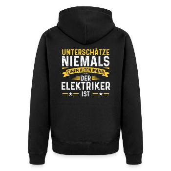 Unterschätze niemals alten Mann Elektriker - Unisex Premium Bio Zip Hoodie - Schwarz - Hinten - Nico (187cm)