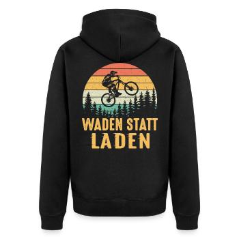 Waden statt laden - Unisex Premium Bio Zip Hoodie - Schwarz - Hinten - Nico (187cm)