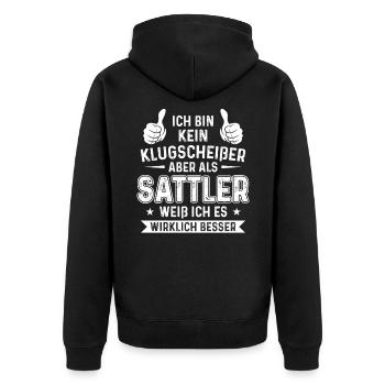 Kein Klugscheißer Sattler weiß - Unisex Premium Bio Zip Hoodie - Schwarz - Hinten - Nico (187cm)