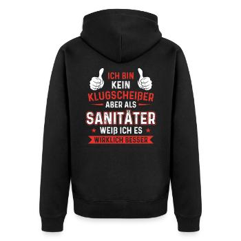 Kein Klugscheißer Sanitäter weiß ich es besser - Unisex Premium Bio Zip Hoodie - Schwarz - Hinten - Nico (187cm)