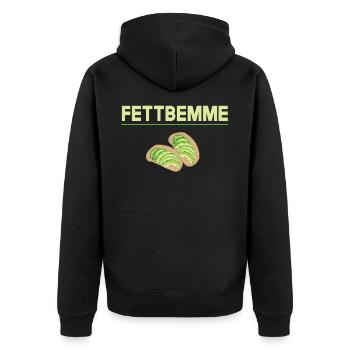 Fettbemme Ostdeutsche Spezialität - Unisex Premium Bio Zip Hoodie - Schwarz - Hinten - Nico (187cm)
