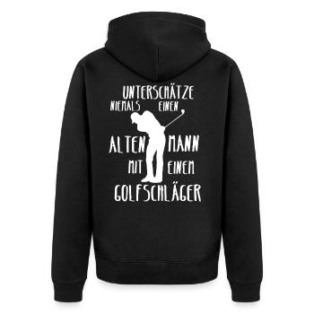 Alter Mann beim Golf spielen Abschlag Üben Eisen - Unisex Premium Bio Zip Hoodie - Schwarz - Hinten - Nico (187cm)