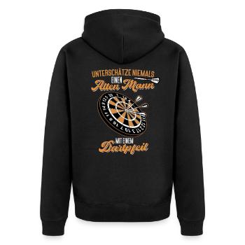 Alter Mann mit Dart Pfeil - Unisex Premium Bio Zip Hoodie - Schwarz - Hinten - Nico (187cm)