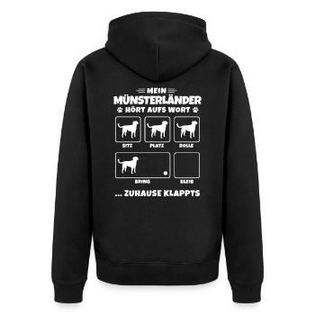 Kleiner Münsterländer Hundetricks Vorstehhund - Unisex Premium Bio Zip Hoodie - Schwarz - Hinten - Nico (187cm)