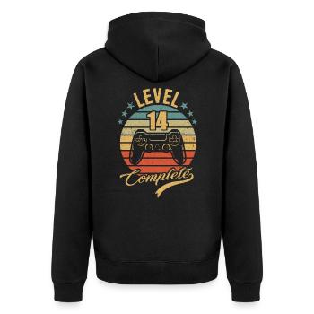 Level 14 complete - Unisex Premium Bio Zip Hoodie - Schwarz - Hinten - Nico (187cm)