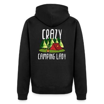 Funny Crazy Camping Lady print | Womens Tenting - Unisex Premium Organic Zip Hoodie - black - Back - Nico (187cm)