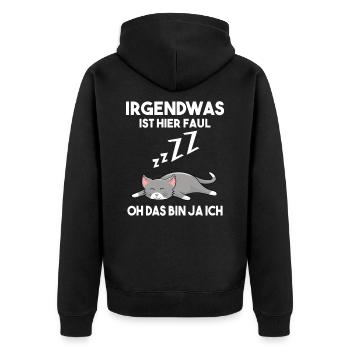 Irgendwas ist hier faul - Unisex Premium Bio Zip Hoodie - Schwarz - Hinten - Nico (187cm)