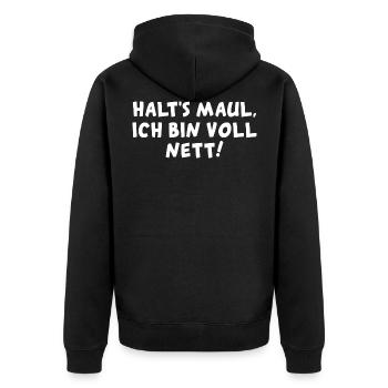 Halts Maul ich bin voll - Unisex Premium Bio Zip Hoodie - Schwarz - Hinten - Nico (187cm)