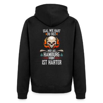 Egal wie hart du bist ein Hamburger ist härter - Unisex Premium Bio Zip Hoodie - Schwarz - Hinten - Nico (187cm)
