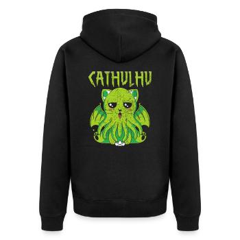 Cathulhu Spruch Design - Unisex Premium Bio Zip Hoodie - Schwarz - Hinten - Nico (187cm)