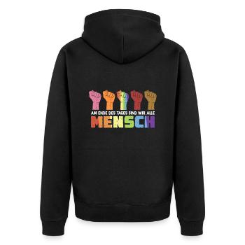 Am Ende des Tages sind wir Mensch - Unisex Premium Bio Zip Hoodie - Schwarz - Hinten - Nico (187cm)