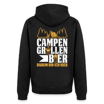 Camping Grillen Bier darum bin ich hier Spruch - Unisex Premium Bio Zip Hoodie - Schwarz - Hinten - Nico (187cm)