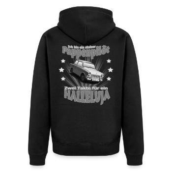 PAPPENPILOT  601 Trabi KULT grau - Unisex Premium Bio Zip Hoodie - Schwarz - Hinten - Nico (187cm)