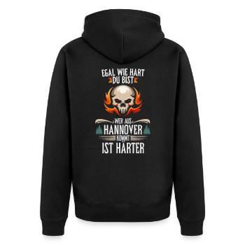 Egal wie hart du bist Hannoveraner sind härter - Unisex Premium Bio Zip Hoodie - Schwarz - Hinten - Nico (187cm)