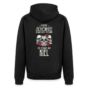 Wahre Schönheit kommt aus Kiel - Unisex Premium Bio Zip Hoodie - Schwarz - Hinten - Nico (187cm)
