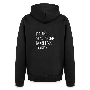 Paris New York Koblenz Tokio - Unisex Premium Bio Zip Hoodie - Schwarz - Hinten - Nico (187cm)