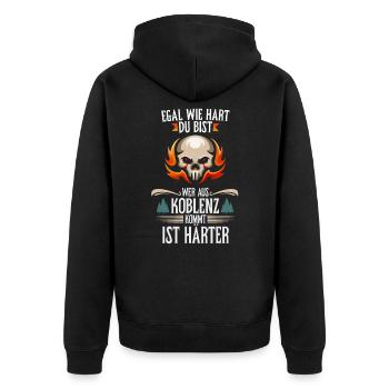 Egal wie hart du bist Koblenzer sind härter - Unisex Premium Bio Zip Hoodie - Schwarz - Hinten - Nico (187cm)