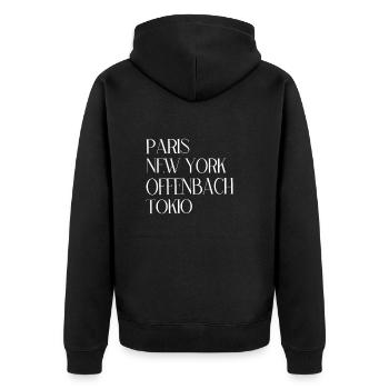 Paris New York Offenbach Tokio - Unisex Premium Bio Zip Hoodie - Schwarz - Hinten - Nico (187cm)