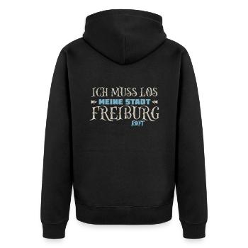 Ich muss los Freiburg ruft Schwarzwald - Unisex Premium Bio Zip Hoodie - Schwarz - Hinten - Nico (187cm)