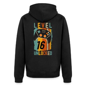 Level 16 Unlocked Funny Gaming - Unisex Premium Organic Zip Hoodie - black - Back - Nico (187cm)
