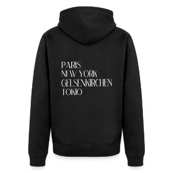 Paris New York Gelsenkirchen Tokio Gelsenkirchener - Unisex Premium Bio Zip Hoodie - Schwarz - Hinten - Nico (187cm)