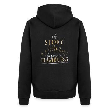 My story begins in Hamburg Hamburger - Unisex Premium Bio Zip Hoodie - Schwarz - Hinten - Nico (187cm)