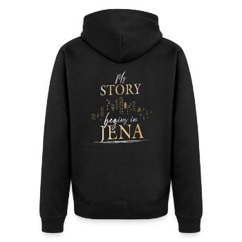My story begins in Jena Jenar - Unisex Premium Bio Zip Hoodie - Schwarz - Hinten - Nico (187cm)