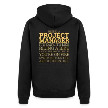 "Project Manager Bike" | "Project Manager" - Unisex Premium Bio Zip Hoodie - Schwarz - Hinten - Nico (187cm)