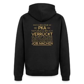 "PKA Verrückt | Apotheke" - Unisex Premium Bio Zip Hoodie - Schwarz - Hinten - Nico (187cm)