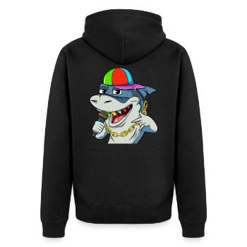Cooler Rapper Hai mit Mikrofon #13 Cool Sharks - Unisex Premium Bio Zip Hoodie - Schwarz - Hinten - Nico (187cm)