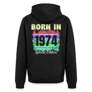 Geboren 1974 - Unisex Premium Bio Zip Hoodie - Schwarz - Hinten - Nico (187cm)