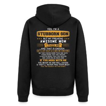 Ich bin ein hartnäckiger Sohn von Awesome Mom Funn - Unisex Premium Bio Zip Hoodie - Schwarz - Hinten - Nico (187cm)