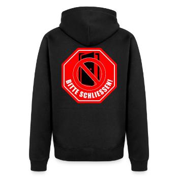 Tuer schliessen bitte | Tür schließen bitte - Unisex Premium Bio Zip Hoodie - Schwarz - Hinten - Nico (187cm)