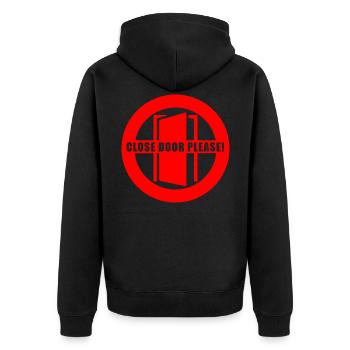 Tuer schliessen bitte | Tür schließen bitte - Unisex Premium Bio Zip Hoodie - Schwarz - Hinten - Nico (187cm)
