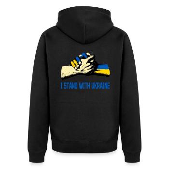 Ich stehe an der Seite der Ukraine - Unisex Premium Bio Zip Hoodie - Schwarz - Hinten - Nico (187cm)