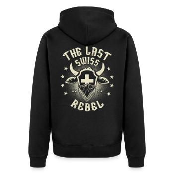 Der letzte Schweizer Rebell mit Schweizer Wappen - Unisex Premium Bio Zip Hoodie - Schwarz - Hinten - Nico (187cm)