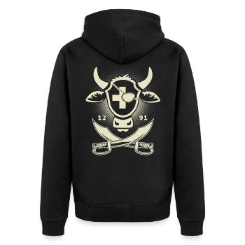 Kuhkopf als Piraten Design mit Schweizerkreuz - Unisex Premium Bio Zip Hoodie - Schwarz - Hinten - Nico (187cm)