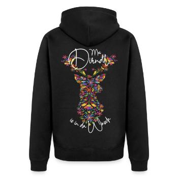 My Dirndl is in da Wäsch Trachtenshirt Hirsch - Unisex Premium Bio Zip Hoodie - Schwarz - Hinten - Nico (187cm)