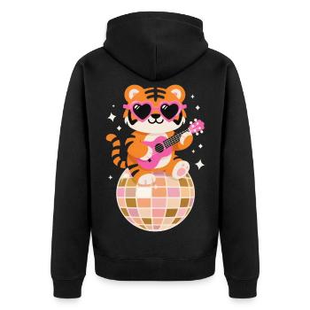 Lustiger Tiger Disco Tanzball Groovy 80er - Unisex Premium Bio Zip Hoodie - Schwarz - Hinten - Nico (187cm)