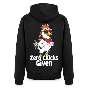 Zero Clucks Given – Lustiges Huhn - Unisex Premium Bio Zip Hoodie - Schwarz - Hinten - Nico (187cm)