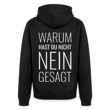 Warum hast Du nicht Nein gesagt - Unisex Premium Bio Zip Hoodie - Schwarz - Hinten - Nico (187cm)