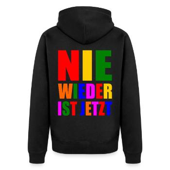 Nie wieder ist jetzt - Unisex Premium Bio Zip Hoodie - Schwarz - Hinten - Nico (187cm)