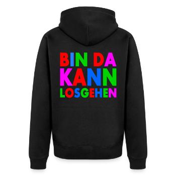 BIN DA KANN LOSGEHEN - Unisex Premium Bio Zip Hoodie - Schwarz - Hinten - Nico (187cm)