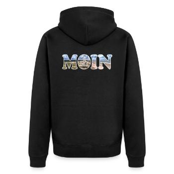 Moin sagt man in Norddeutschland - Unisex Premium Bio Zip Hoodie - Schwarz - Hinten - Nico (187cm)