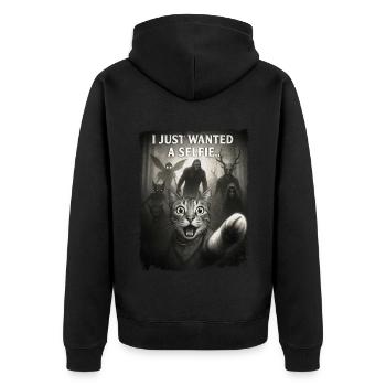 Lustiges Katzen-Selfie mit Alien und Bigfoot - Unisex Premium Bio Zip Hoodie - Schwarz - Hinten - Nico (187cm)