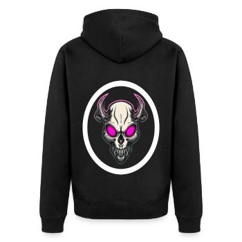 Rosaäugiger Dämonenschädel – Dark Fantasy Horror Kunst - Unisex Premium Bio Zip Hoodie - Schwarz - Hinten - Nico (187cm)