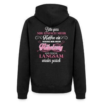 Bitte giess mir einfach mehr Kaffee ein... - Unisex Premium Bio Zip Hoodie - Schwarz - Hinten - Nico (187cm)
