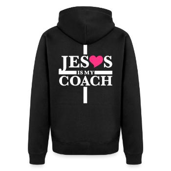 Jesus is my Coach I Love Heart - Unisex Premium Bio Zip Hoodie - Schwarz - Hinten - Nico (187cm)